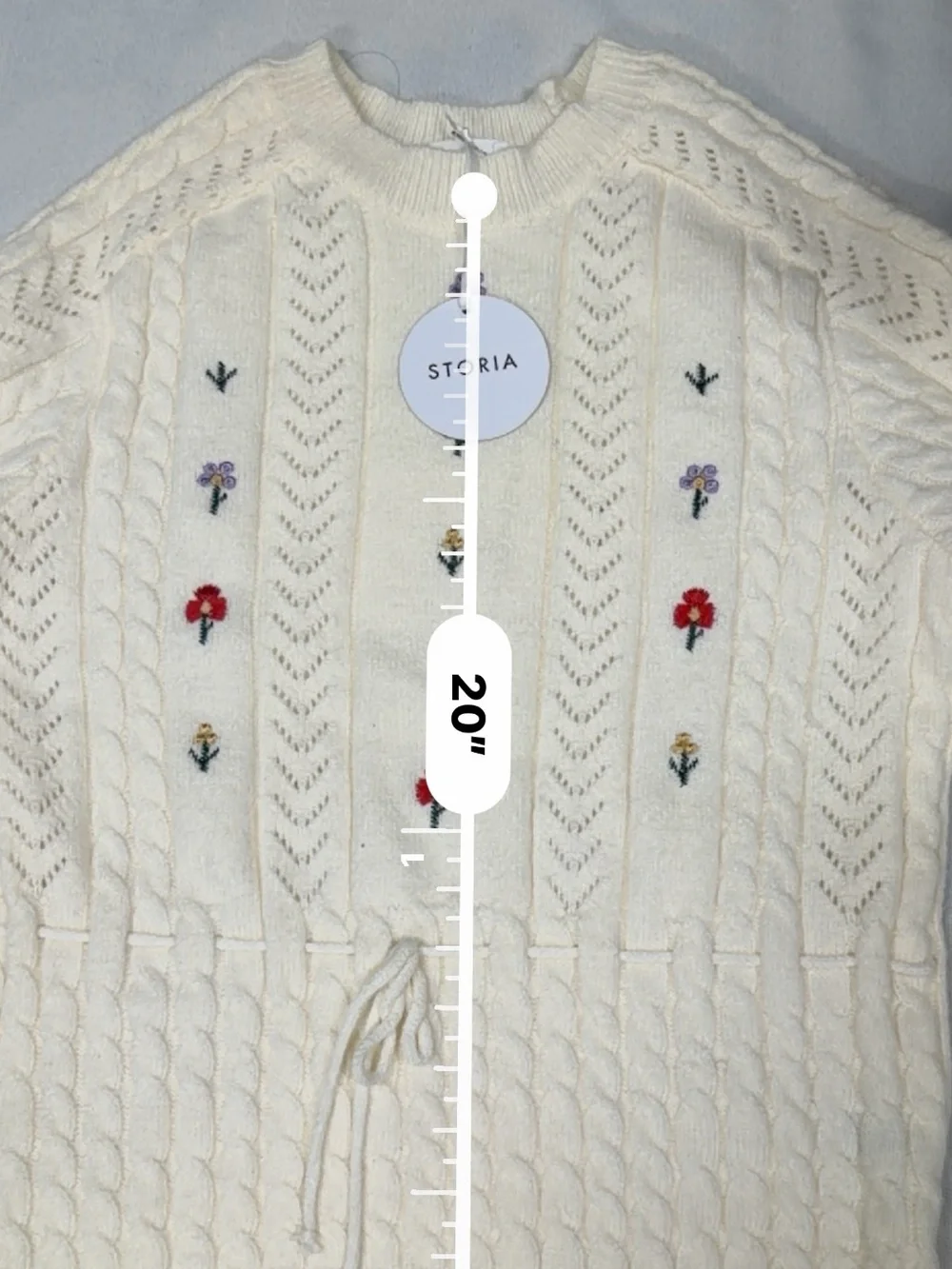 Storia Cream Embroidered Cable-Knit Crew Sweater with Waist Tie